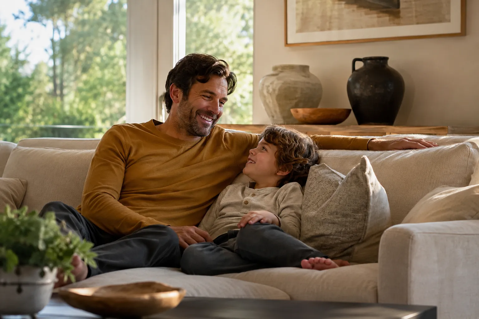 A parent and child relaxed together on the sofa in a perfectly climate-controlled Treasure Valley living room