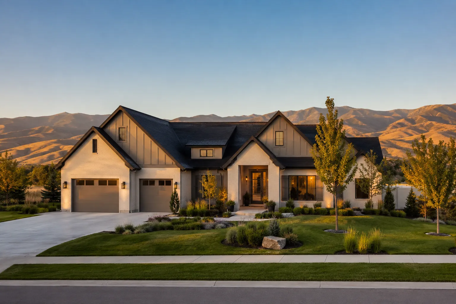 A handsome Treasure Valley home at golden hour with the Boise foothills behind it