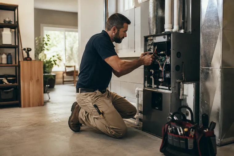 Summit technician servicing a high-efficiency furnace in a Treasure Valley home