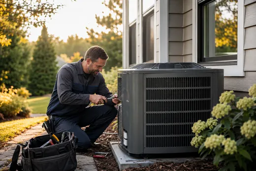 Summit technician diagnosing an outdoor AC condenser unit