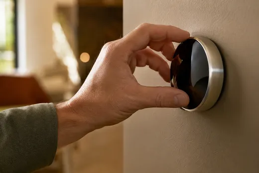 Homeowner adjusting a modern smart thermostat installed by Summit