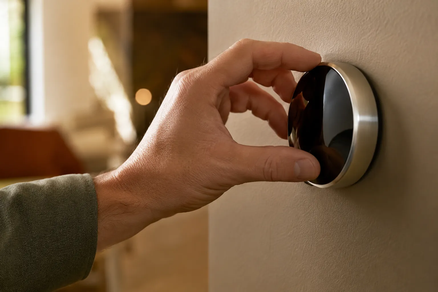 A homeowner adjusting a modern smart thermostat installed by Summit